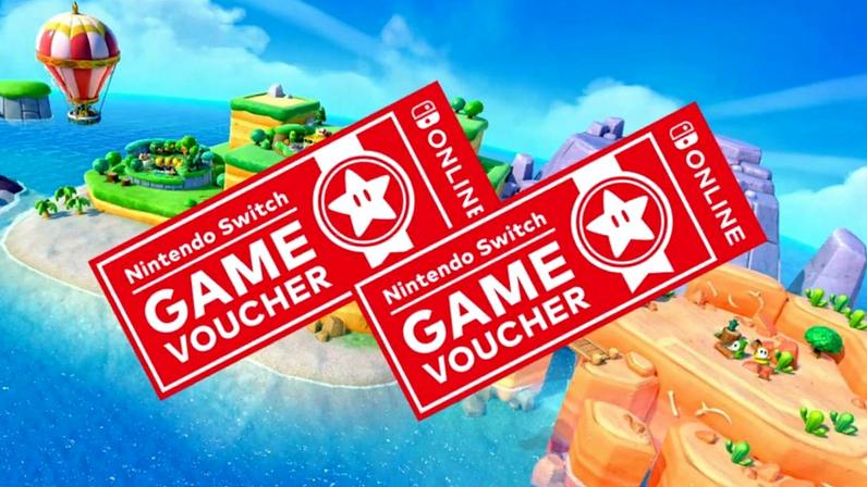 Switch vouchers over a Mario Party background.