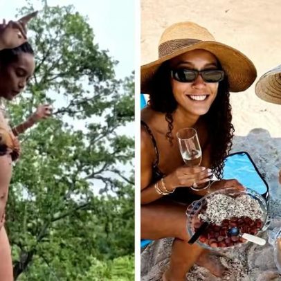 Taís Araújo compartilha fotos de férias com amigos, drinks e dança de biquíni