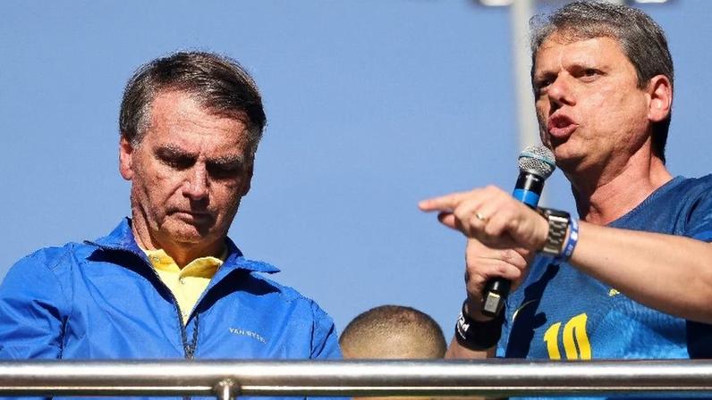 Tarcísio de Freitas (Republicanos) ao lado do ex-presidente Jair Bolsonaro (PL)