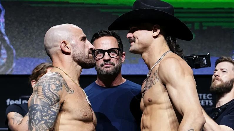 Diego Lopes (dir) tentará tirar o título de Volkanovski (esq) (Foto: Reprodução Twitter UFC)