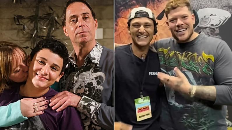 Vinicius Moreno, como Florianinho, entre Guta Stresser e Pedro Cardoso nos bastidores de 'A Grande Família' em 2014; e em foto atual, de 2026, em trabalho como produtor musical de Ferrugem