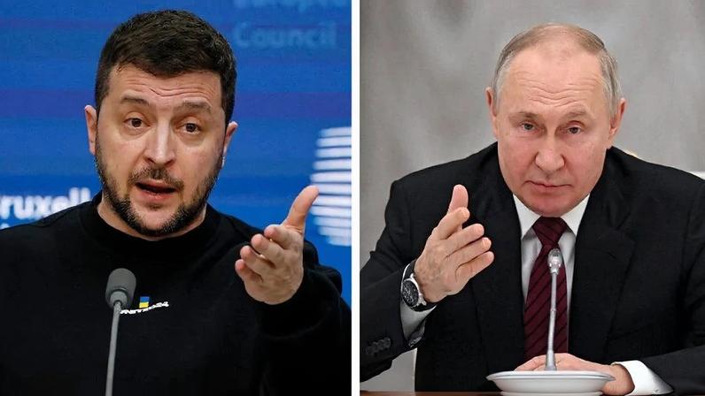 Os presidentes da Ucrânia, Volodymyr Zelensky, e da Rússia, Vladimir Putin. Foto: Ludovic Marin e Grigory Sysoyev/AFP