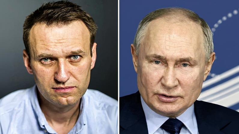 Alexei Navalny, em registro de 7 de julho de 2017, e Vladimir Putin, em 15 de fevereiro de 2024. Fotos: AFP/THIS IS NAVALNY PROJECT/EVGENY FELDMAN