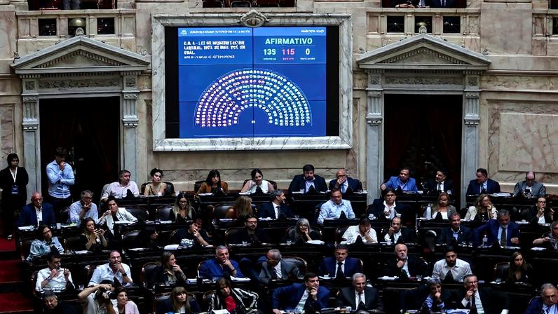 Deputados argentinos durante a votação da reforma trabalhista de Milei. Do lado de fora da Câmara, protestos foram violentamente reprimidos pela polícia. Foto: Tomas CUESTA / AFP