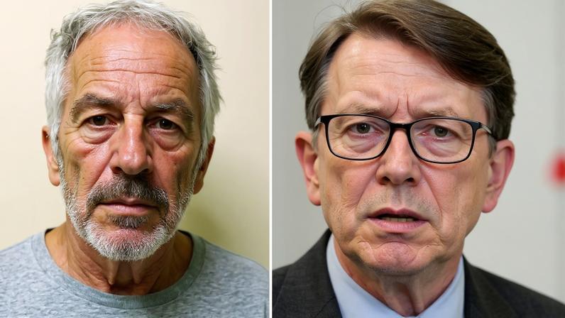 Peter Mandelson (dir.) é mais um importante membro do Poder no Reino Unido afetado pelo caso Epstein. Fotos: Handout and CARL COURT / New York State Sex Offender Registry / AFP