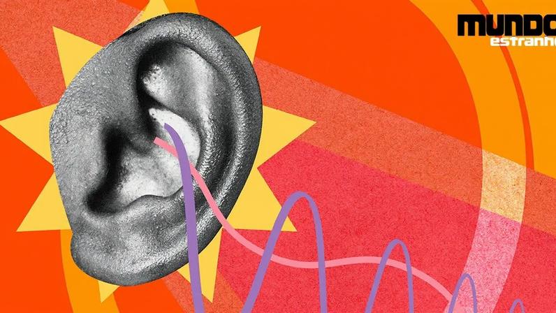 Colagem de um teste de audição, imagem de um ouvido com duas linhas, uma roxa e outra rosa, indicando diferentes ondas sonoras em um fundo colorido.