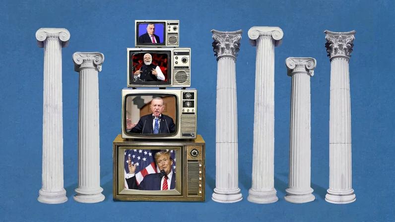 A photo illustration showing six classical Greek or Roman-style columns, plus a stack of televisions as the seventh pillar of populism. The TVs show images of Victor Orban, Narendra Modi, Recep Tayyip Erdogan, and Donald Trump.