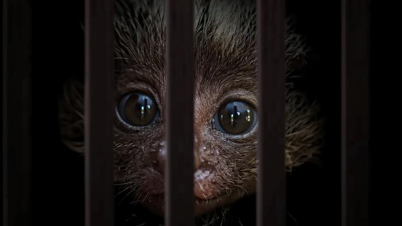 Fotografia de jovem macaco dentro de uma gaiola de madeira.