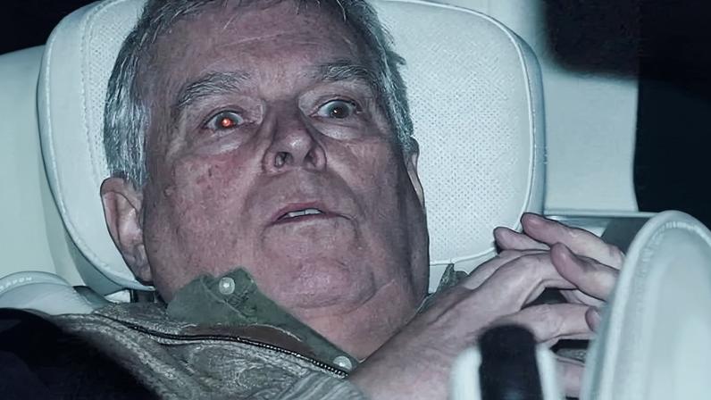 ‘Those red eyes, like two portals to hell’ … Andrew Mountbatten-Windsor leaving Aylsham police station.