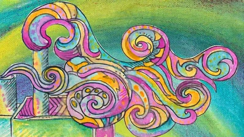 Fotografia de nuvens coloridas com curvas dimensões distintas.