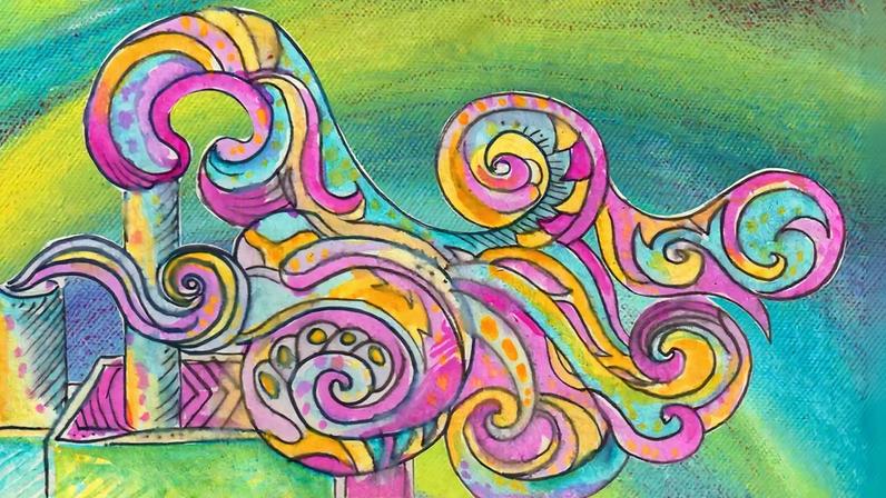 Fotografia de nuvens coloridas com curvas dimensões distintas.