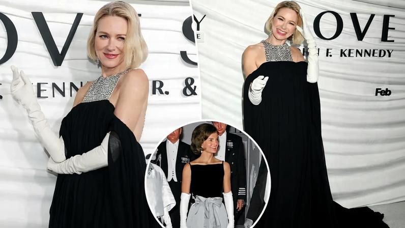Naomi Watts paid homage to Jackie Kennedy’s signature style at the “Love Story” premiere on Tuesday, wearing a Balenciaga gown with opera-length white gloves.