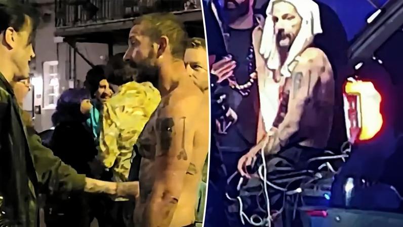 New footage shows the moment Shia LaBeouf (pictured here after the altercation) was beaten up outside a New Orleans bar shortly before his arrest on Tuesday.
