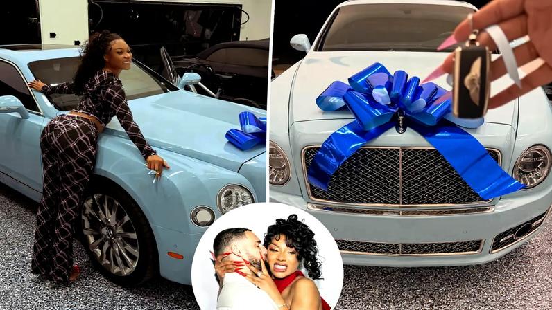 Klay Thompson surprised Megan Thee Stallion with a baby blue Bentley for her birthday.