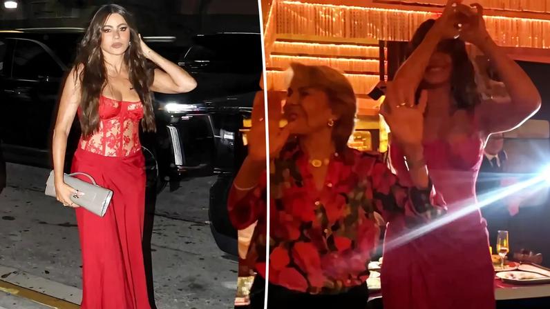 Sofia Vergara usa vestido vermelho em Miami durante jantar que vira festa