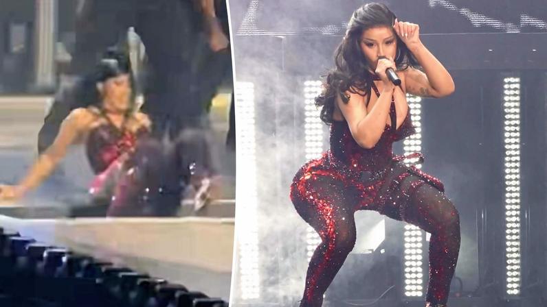 Cardi B fell again during her Little Miss Drama Tour Sunday.