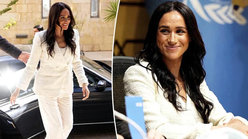 Meghan Markle touched down in Amman, Jordan, on Wednesday in a head-to-toe Veronica Beard look for a surprise humanitarian trip.