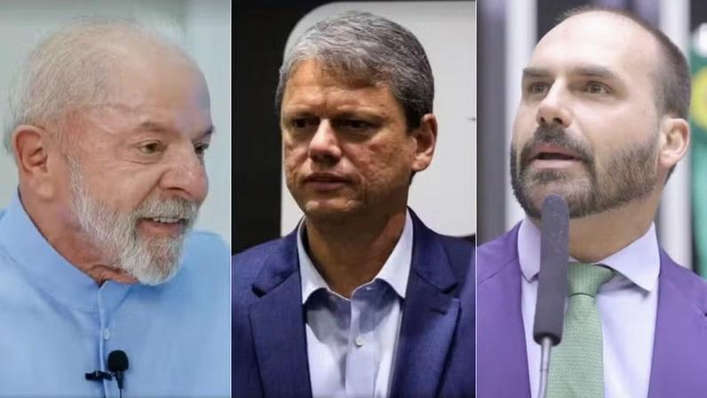 Lula, Tarcísio de Freitas e Eduardo Bolsonaro são os principais nomes das eleições de 2026. — Foto: Reprodução