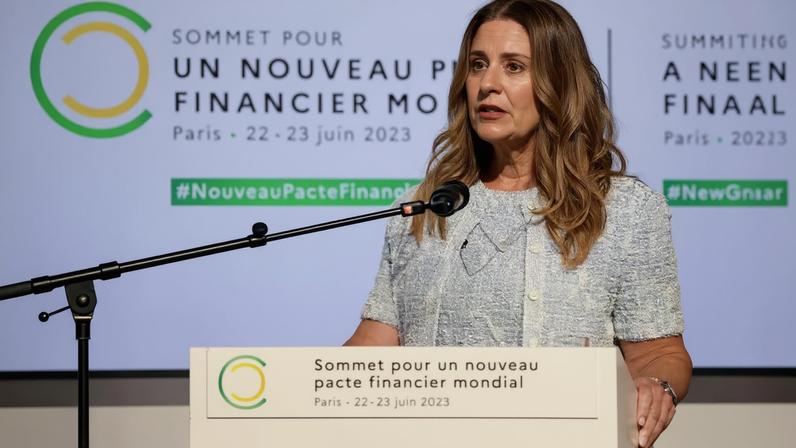 Melinda French Gates durante discurso em Paris, na França, em 22 de junho de 2023. — Foto: Ludovic Marin/Pool via Reuters/Arquivo