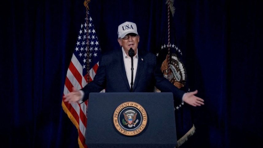 U.S. President Donald Trump speaks to announce that the U.S. had begun "