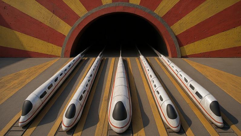Illustration of five high speed trains coming out of a tunnel.