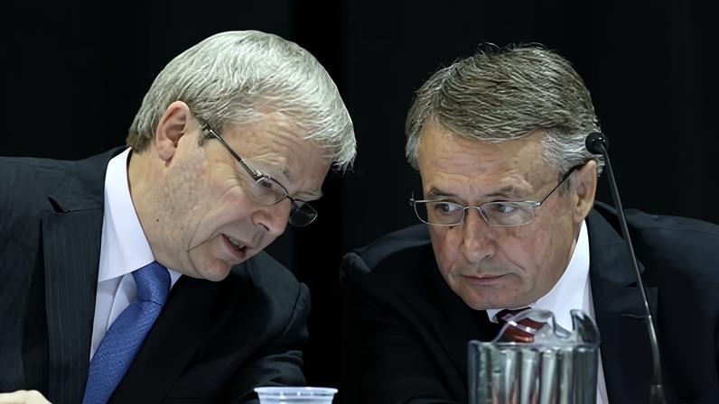 An email in the Epstein files reveals Lord Peter Mandelson supported the campaign to undermine Australian Labor’s mining super profits tax under then prime minister Kevin Rudd, left. Pictured: Rudd and the then treasurer, Wayne Swan, in Perth in 2010.