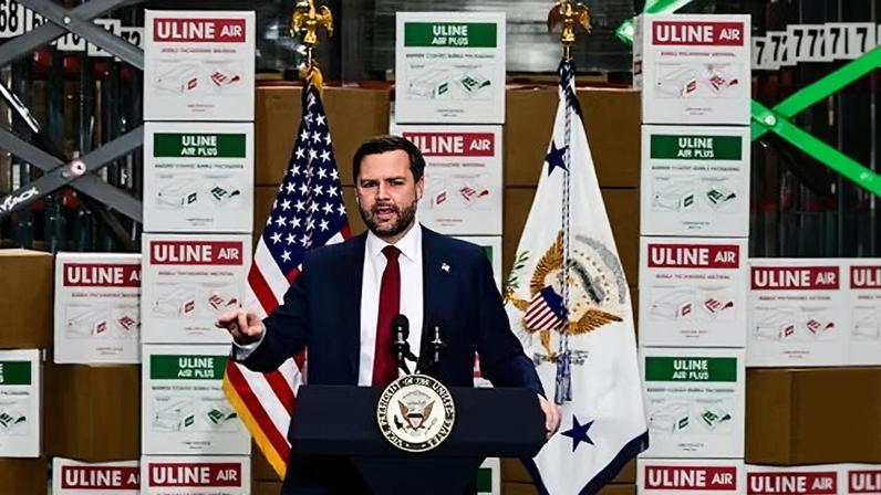 Vice-President JD Vance at a Uline warehouse in Lower Macungie township, Pennsylvania, delivers a speech on the economy on 16 December 2025.