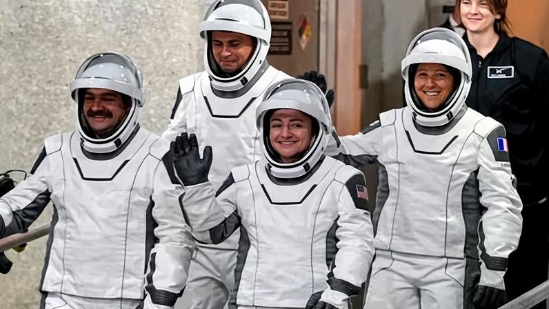 Jack Hathaway, Andrei Fedyaev, Jessica Meir and Sophia Adenot on 13 February 2026, before their rocket flight to the International Space Station.