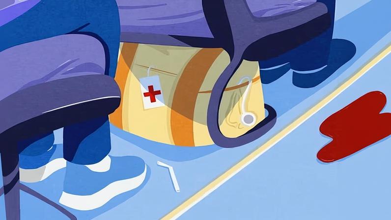 The illustration shows a medical bag hidden underneath a plane seat.