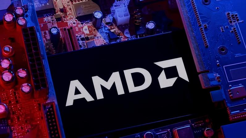 AMD logo and computer motherboard