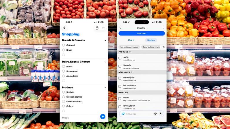 My shopping list in Apple’s Reminders app (left) and in Amazon’s Alexa app (right). A recent UI overhaul of the Alexa app has made the list a lot harder to add to and use.
