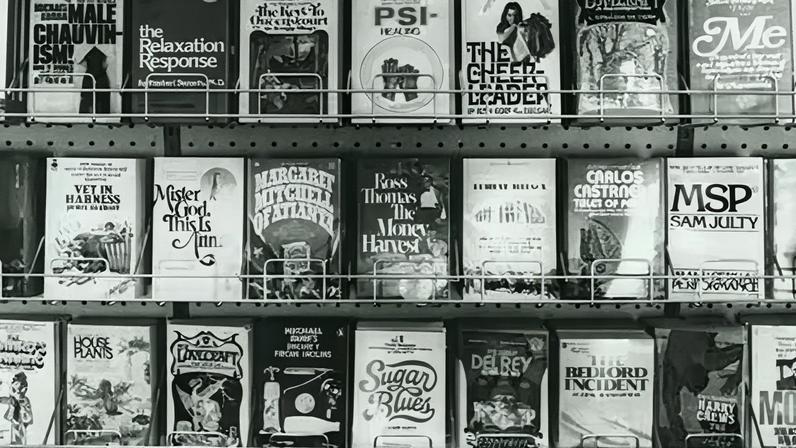 rows of paperback books on shelves