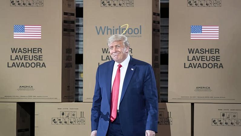 Donald Trump arrives to deliver a speech to workers at a Whirlpool manufacturing facility on 6 August 2020 in Clyde, Ohio.
