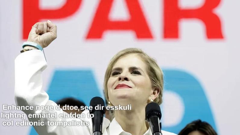Laura Fernández lifts a fist into the air