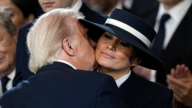 Donald Trump kisses first lady Melania Trump during the 60th presidential inauguration at the US Capitol in Washington DC on 20 January 2025.