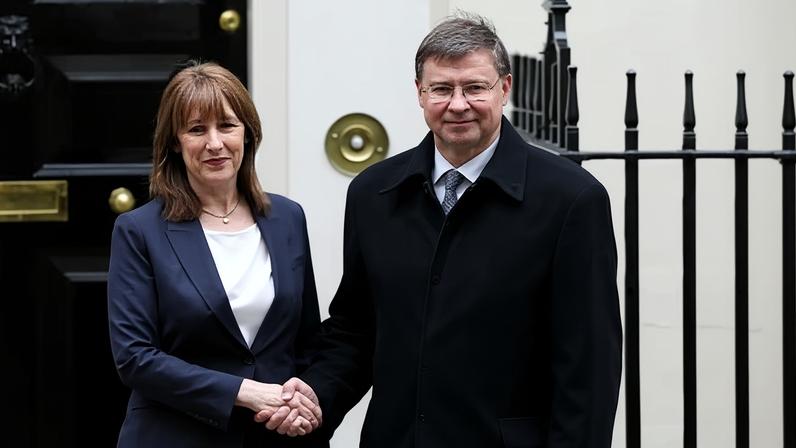 Rachel Reeves welcomes Valdis Dombrovskis to 11 Downing Street in London.
