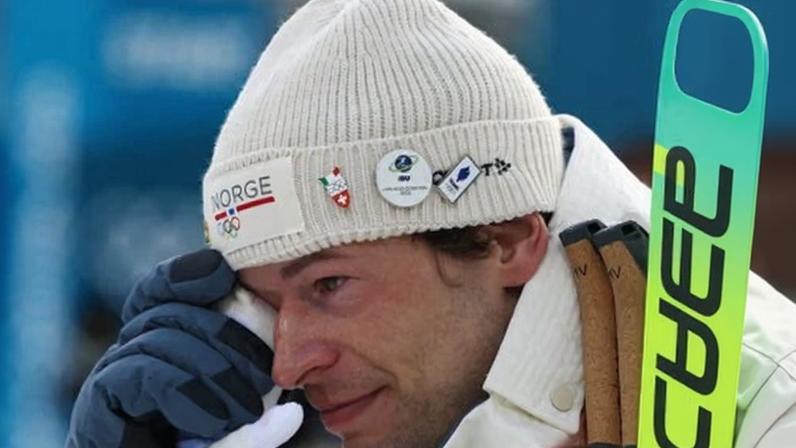 An emotional Sturla Holm Lægreid after winning bronze in the men’s 20km biathlon.