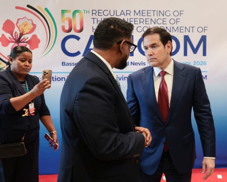 US Secretary of State Marco Rubio speaks to Guyana's President Mohamed Irfaan Ali at a four-day meeting of Caribbean leaders.