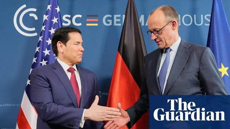 The US secretary of state Marco Rubio, left, meets with Germany’s chancellor, Friedrich Merz, in Munich. Few doubt Rubio’s assessment that ‘yesterday is over’. Photograph: Alex Brandon/AP
