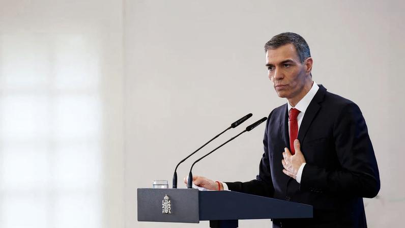 Spain's Prime Minister Pedro Sanchez gestures during a year-end balance news briefing at Moncloa Palace in Madrid