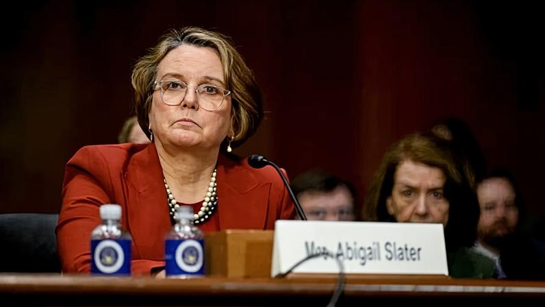 Abigail Slater during a Senate judiciary committee confirmation hearing in Washington DC on 12 February 2025.
