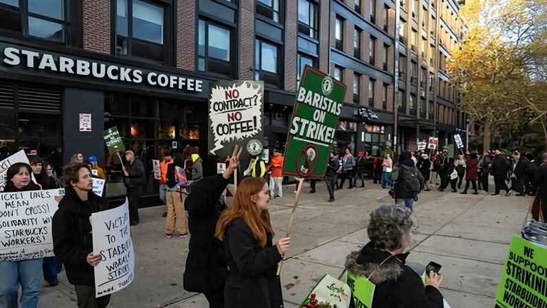 Starbucks Workers United members and supporters picket outside a Starbucks store in the Brooklyn borough of New York, on 13 November 2025.
