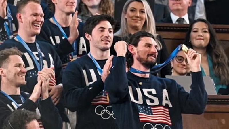 Members of the US men’s ice hockey team were greeted during the State of the Union address on Tuesday.
