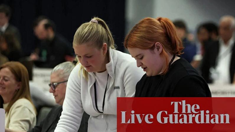 Votes being counted earlier in the Gorton and Denton byelection at the Manchester central convention complex.