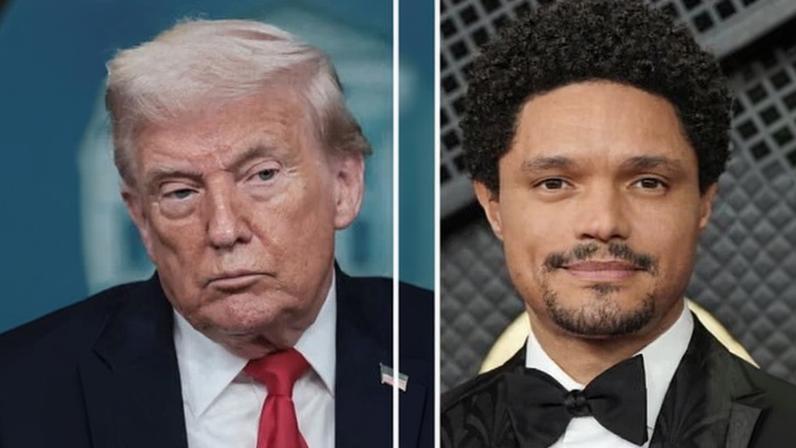Donald Trump posted on Truth Social that he would be taking legal action against the South African comedian Trevor Noah for ‘plenty$’. Composite: Reuters and AP