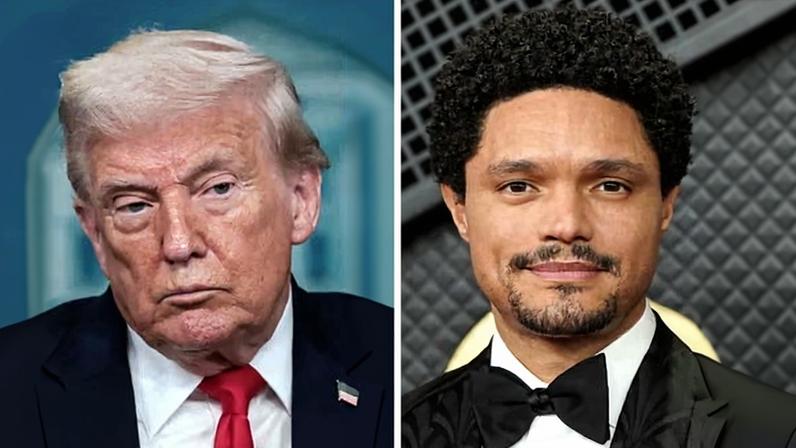 Donald Trump, left, launched a tirade on Truth Social following Trevor Noah’s joke at the Grammys
