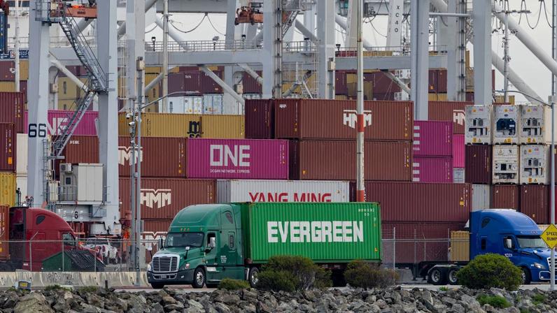 Shipping containers at the port of Oakland following the Supreme Court's ruling that Trump had exceeded his authority when he imposed tariffs, in Oakland, California, U.S., February 23, 2026.