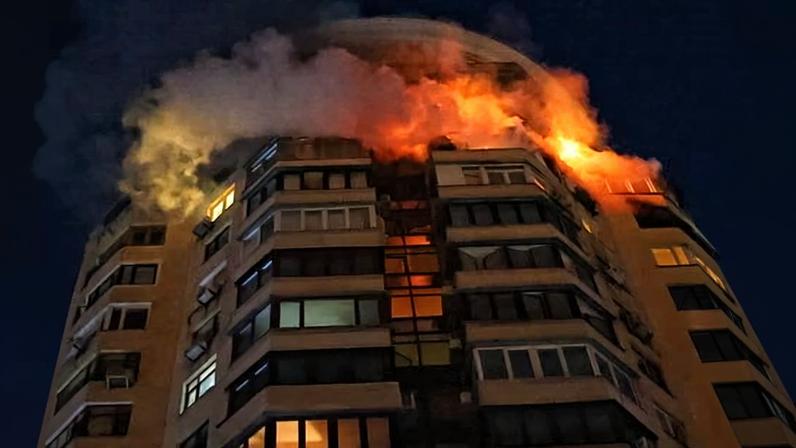 The building’s upper floors burn in Kyiv, Ukraine, amid Russian drone strikes this week.