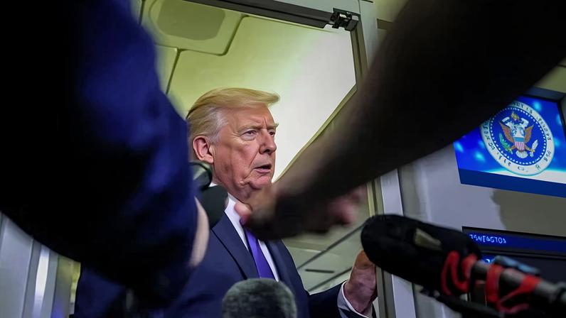 Donald Trump speaks with members of the media onboard Air Force One en route to Palm Beach, Florida, on 6 February 2026.