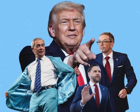 Clockwise from left: Nigel Farage, Donald Trump, Herbert Kickl and JD Vance.